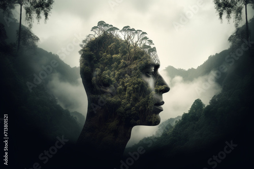Nature, human connection with nature, environment concept. Human face silhouette made from greenery in forest background with copy space. Abstract minimalist illustration © Rytis