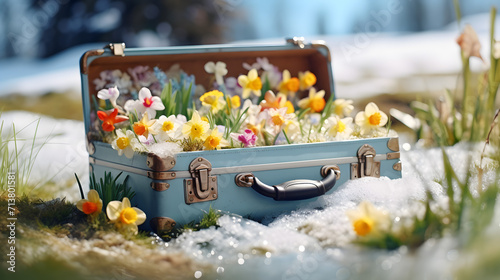 Vintage suitcase with spring flowers and blooms lying on the meadow with the rests of melting snow and grass growing. Concept of spring coming and winter leaving.