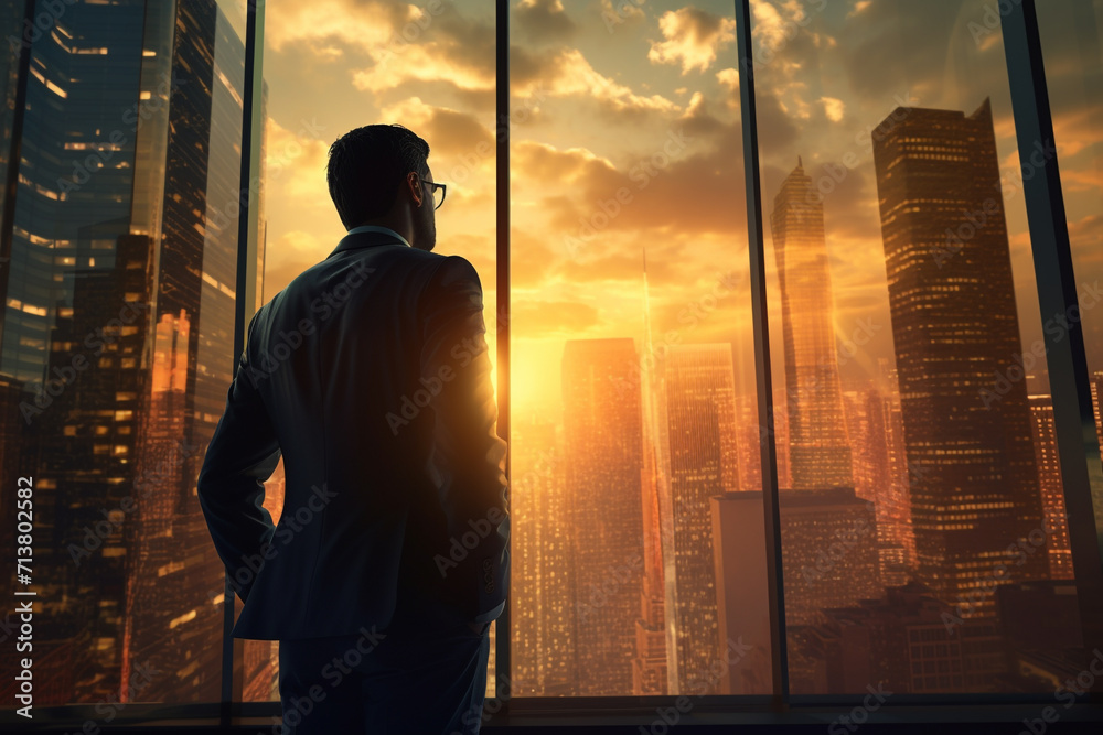 Fototapeta premium Businessman standing near window and looking to the city