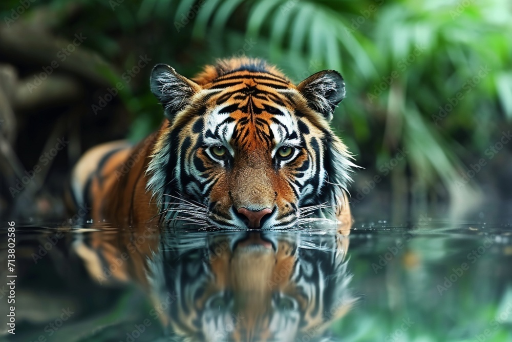 Tiger's reflection mirrored in a calm river capturing the tranquility and symmetry of nature as the majestic big cat pauses for a moment of quiet contemplation
