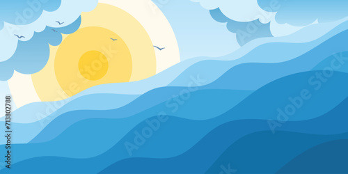 Vector drawing of sea waves and the sun, cartoon illustration
