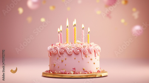 Elegant Birthday Celebration Cake with Pink and Gold Candles for Special Occasions, Adding Joy and Happiness to Your Events