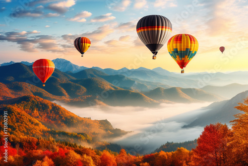 Color hot air ballon flying over mountains