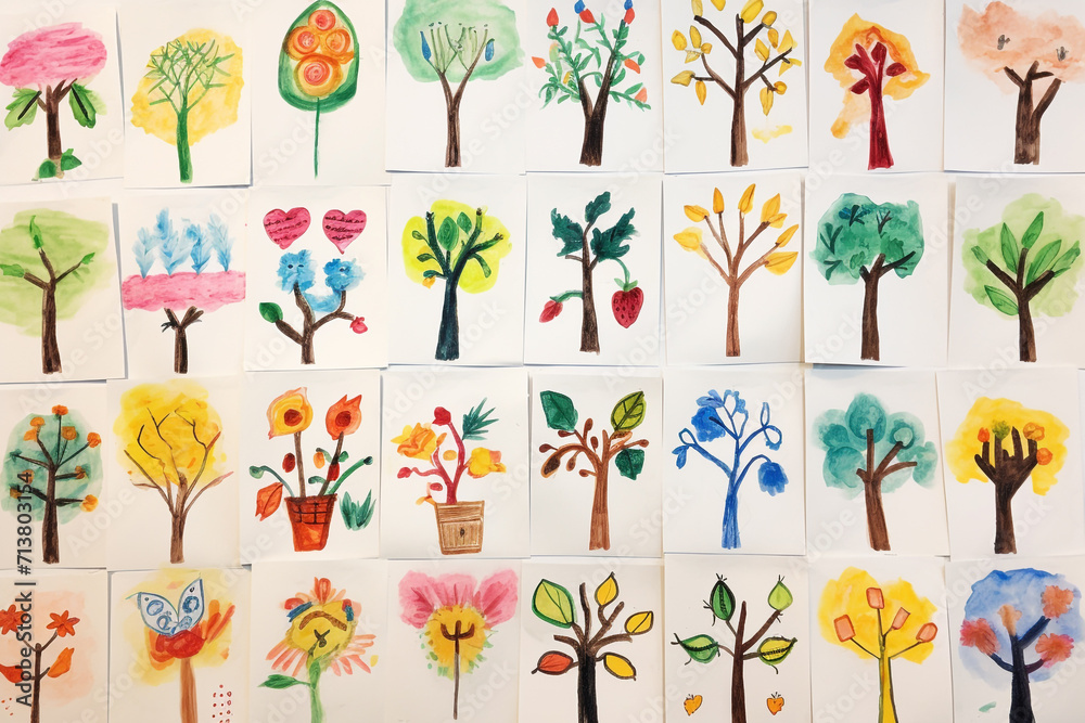 Drawing pictures of color trees by kids