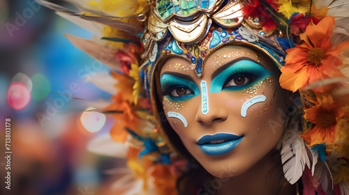Carnival costume, exotic dancer, feather headdress, festival beauty, vibrant makeup, cultural parade, celebratory portrait, bright colors.