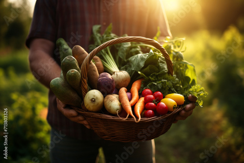 Farmer holding basket of vegetables photo
