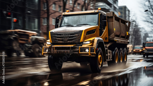 A yellow tipper truck drives through a wet city with motion blur photo
