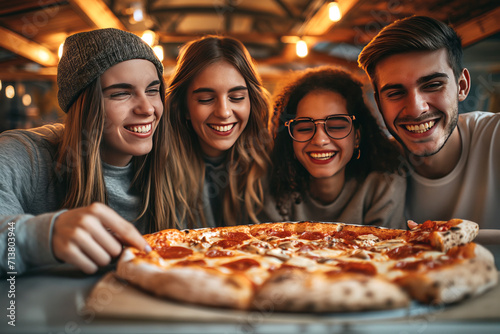 Happy friends eating pizza in a cafe