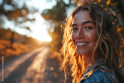 Happy young woman taking a selfie with a smartphone near the road at sunset