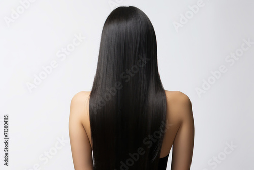 Back view of a woman with beautiful long straight black hair