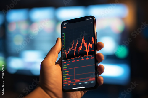 Hand holding smart phone with stock market graph on screen