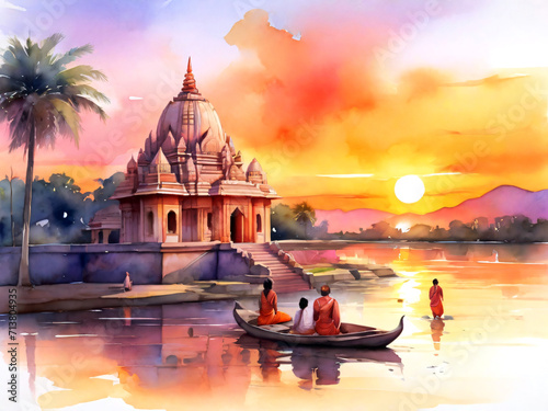 sunset over the river generative Ai