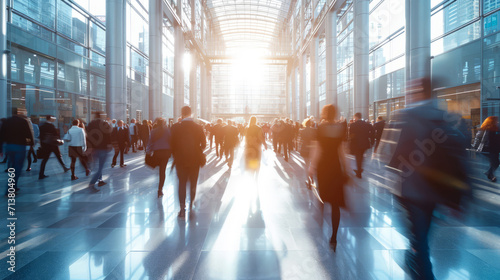Blurred business people crowd walking in modern conference center or trade fair photo