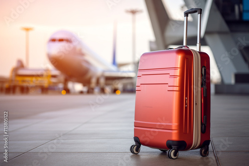 Travel luggage at airplane background