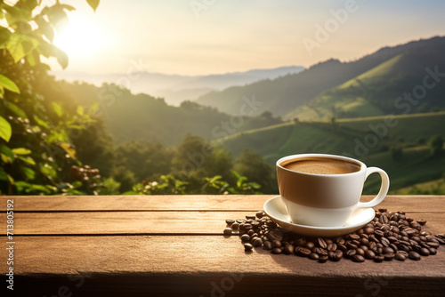 Hot coffee cup on table with mountain view