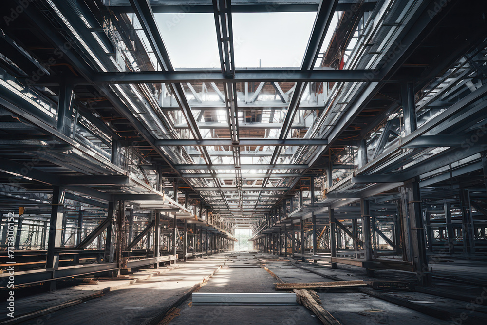 Deserted industrial warehouse interior with a symmetrical array of steel beams and sunlight streaming in