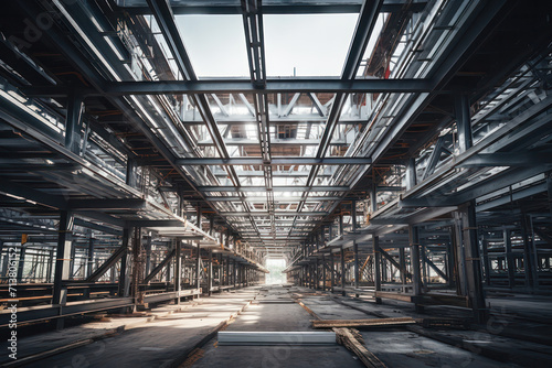 Deserted industrial warehouse interior with a symmetrical array of steel beams and sunlight streaming in photo