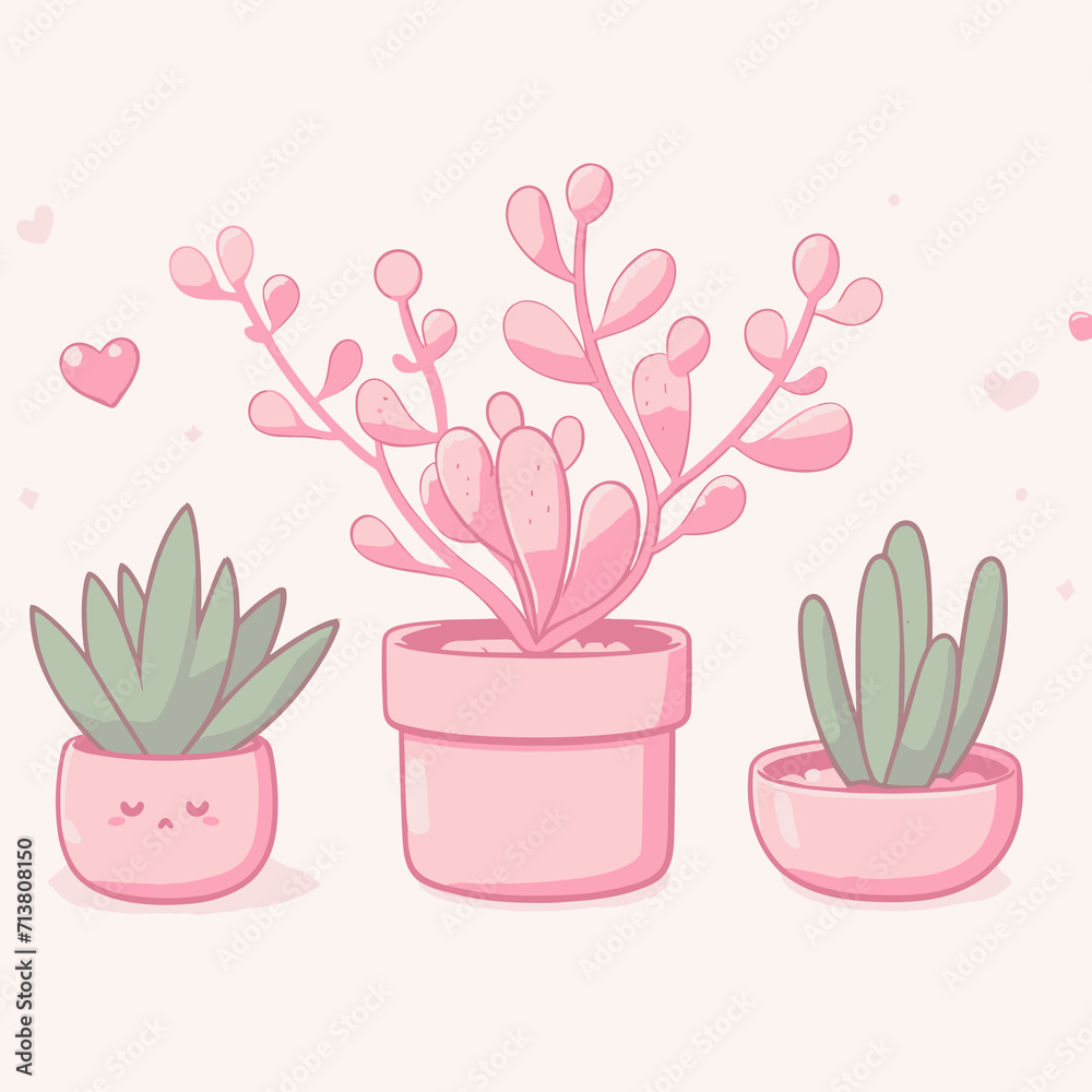 Cute pink flowers and cactus in pots, kawaii cute houseplant set, vector illustration graphic design, generative ai