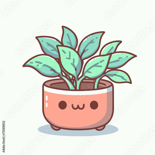 Cute kawaii houseplant in pot  decorative  green leaves gardening plant  Vector illustration  generative ai