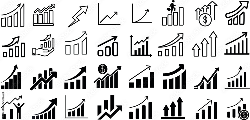 Growth, profit, business vector icons. Black linear graphs, charts representing market trends, finance analytics. Perfect for economic forecasts, trend analysis visuals