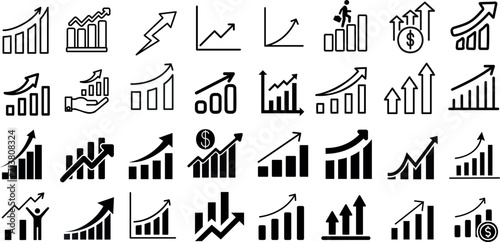 Growth, profit, business vector icons. Black linear graphs, charts representing market trends, finance analytics. Perfect for economic forecasts, trend analysis visuals photo