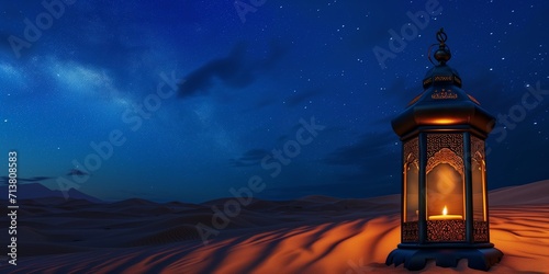 Arabic lanterns Islamic in the desert at night. Ramadan Kareem  iftar festival or Eid Mubarak banner background.