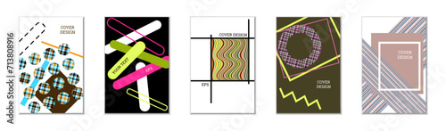 Geometric cover design, set of 5 covers. Abstract unusual background in Memphis style. Bright geometric shapes in random order