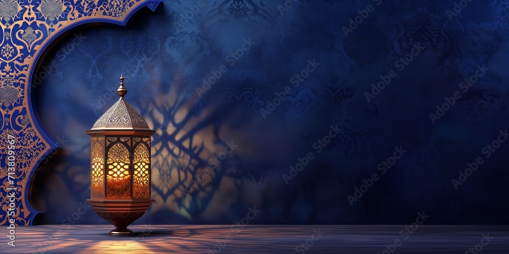 Arabic lanterns Light Lamp with dark blue grungy backdrop. Islamic Ramadan Kareem, iftar festival or Eid Mubarak banner background - obrazy, fototapety, plakaty 