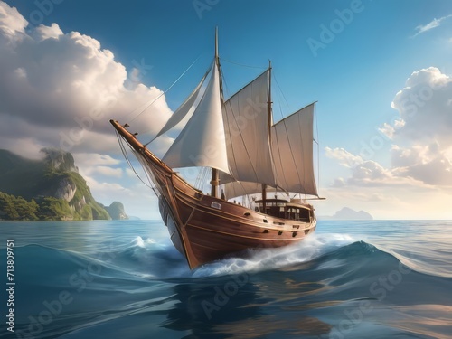 Un majestuoso barco de madera que se desliza por las aguas cristalinas del mar photo