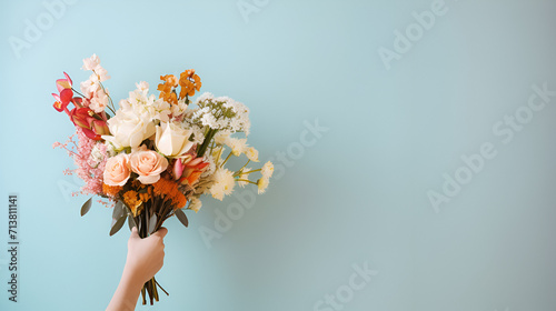 Female hand with bouquet of beautiful flowers on isolated background, generative ai photo