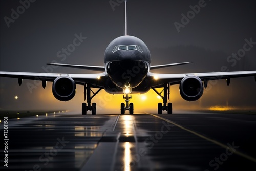 Commercial jet airplane landing on the tarmac with dramatic sky and runway in the background