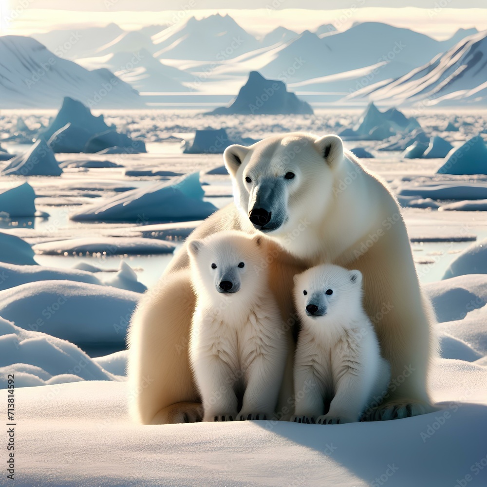 Polar bear (Ursus maritimus) mother and twin cubs on the pack ice, north of Svalbard Arctic Norway Polar bear (Ursus maritimus) mother and twin cubs on the pack ice, north of Svalbard Arctic Norway