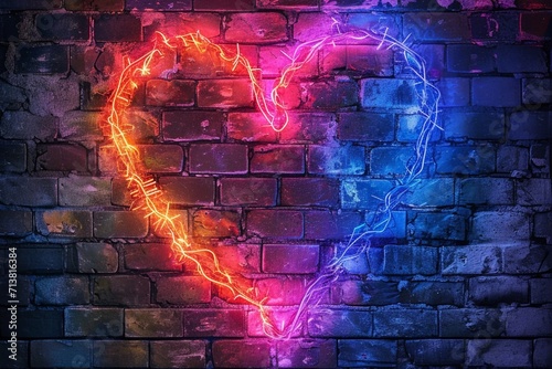 Square neon romantic hearts on a brick wall, with a generative AI-created Valentine's Day heart, photo