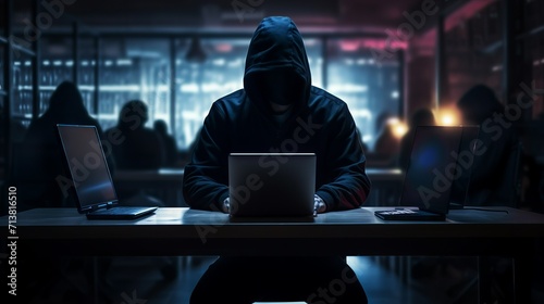 A hacker in a black hood, with his face hidden in the shadows, working in a dimly lit room, a server room. Cybercrime, illegal actions, code breaking concepts.