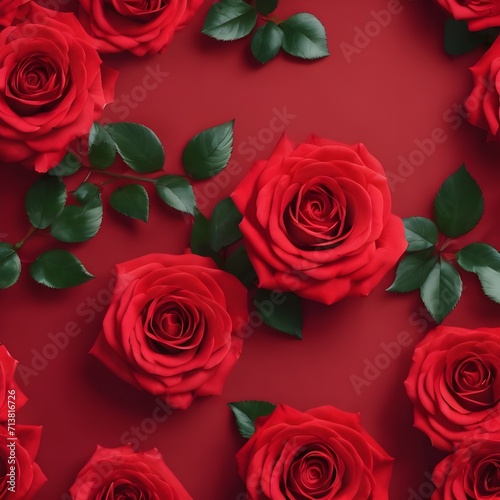 Valentine s Day Concept Red roses flower on red background. Copy space. Flower frame. Top view. High quality photo. Generative AI