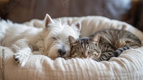 A cute little white terrier dog and a fluffy cat sleeping together on a pet bed.
