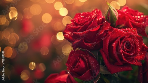 Romantic valentine lover ambiance in flower close-up  Red roses with water droplets  close-up  bokeh light effect  dark romantic ambiance  fresh petals  floral photography