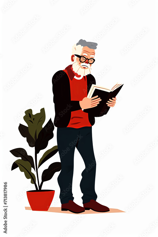 Generative AI illustration of old man reading a book Generative AI illustration of old man reading a book