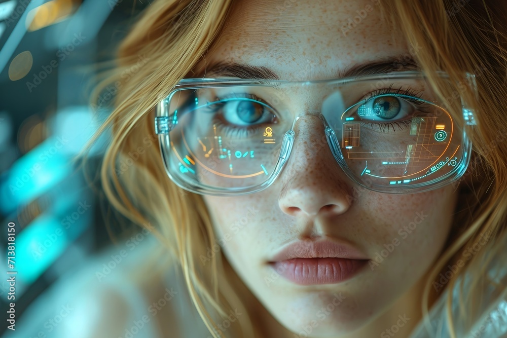 Zukunftsblick: Frau mit digitaler Brille Zukunftsblick: Frau mit digitaler Brille