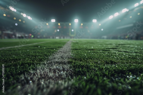Soccer field with green grass and spotlights at night. Selective focus