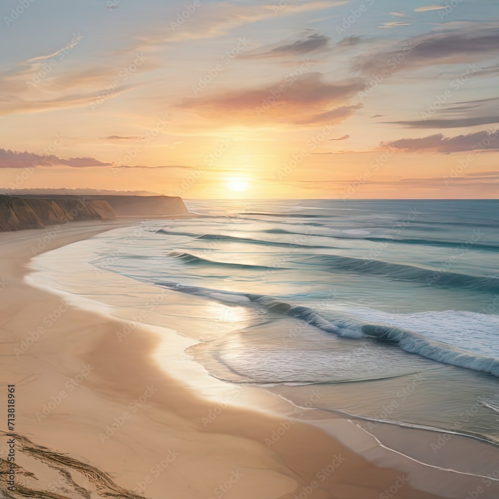Explore the serenity of a coastal sunrise, capturing the natural beauty of the ocean waves and sandy shores