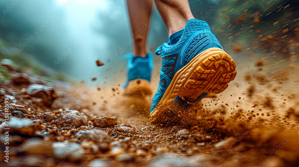 Close-up of a man's legs running on a mountain trail - obrazy, fototapety, plakaty 