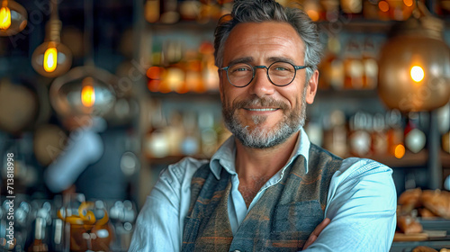 Portrait of a handsome mature man working in a pub or restauran photo