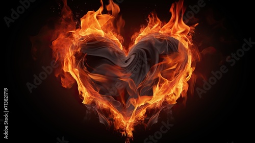 Fire ring love symbol, Fiery heart, black background.