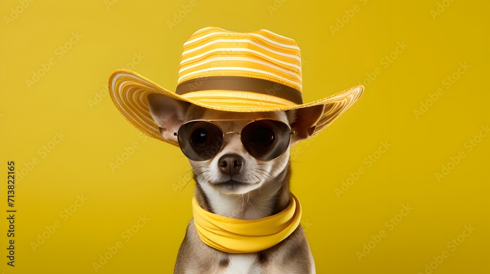 Dog in a fashion dress, cute Chihuahua puppy wearing yellow straw hat and sunglasses, isolated colourful vibrant yellow background.