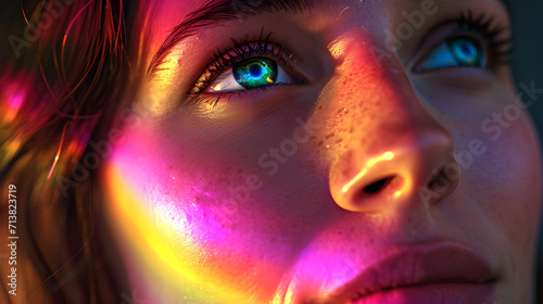 Close-up of a joyful young woman with rainbow light reflections on her face, expressing happiness.
