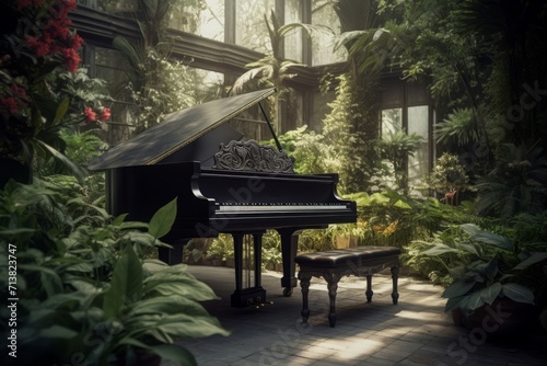 Grand piano in botany green garden. Musical acoustic piano instrument among greenery area. Generate ai