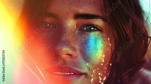 Close-up of a joyful young woman with rainbow light reflections on her face, expressing happiness. 