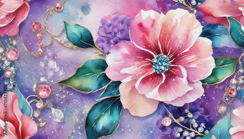 water color floral 3d structure wallpaper pattern, digital amazing background with glitter balls and diamonds and jewelry , ceramic tile, carpet, cover, interior.