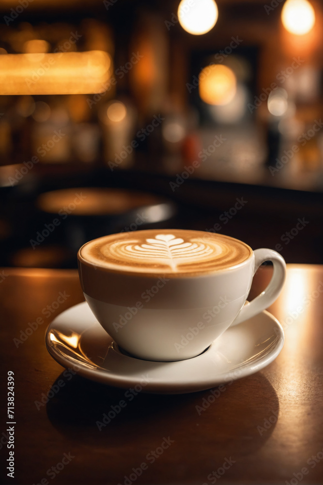 Close up shot of a cup of cappuccino without spoon, blurred background of a bar Close up shot of a cup of cappuccino without spoon, blurred background of a bar